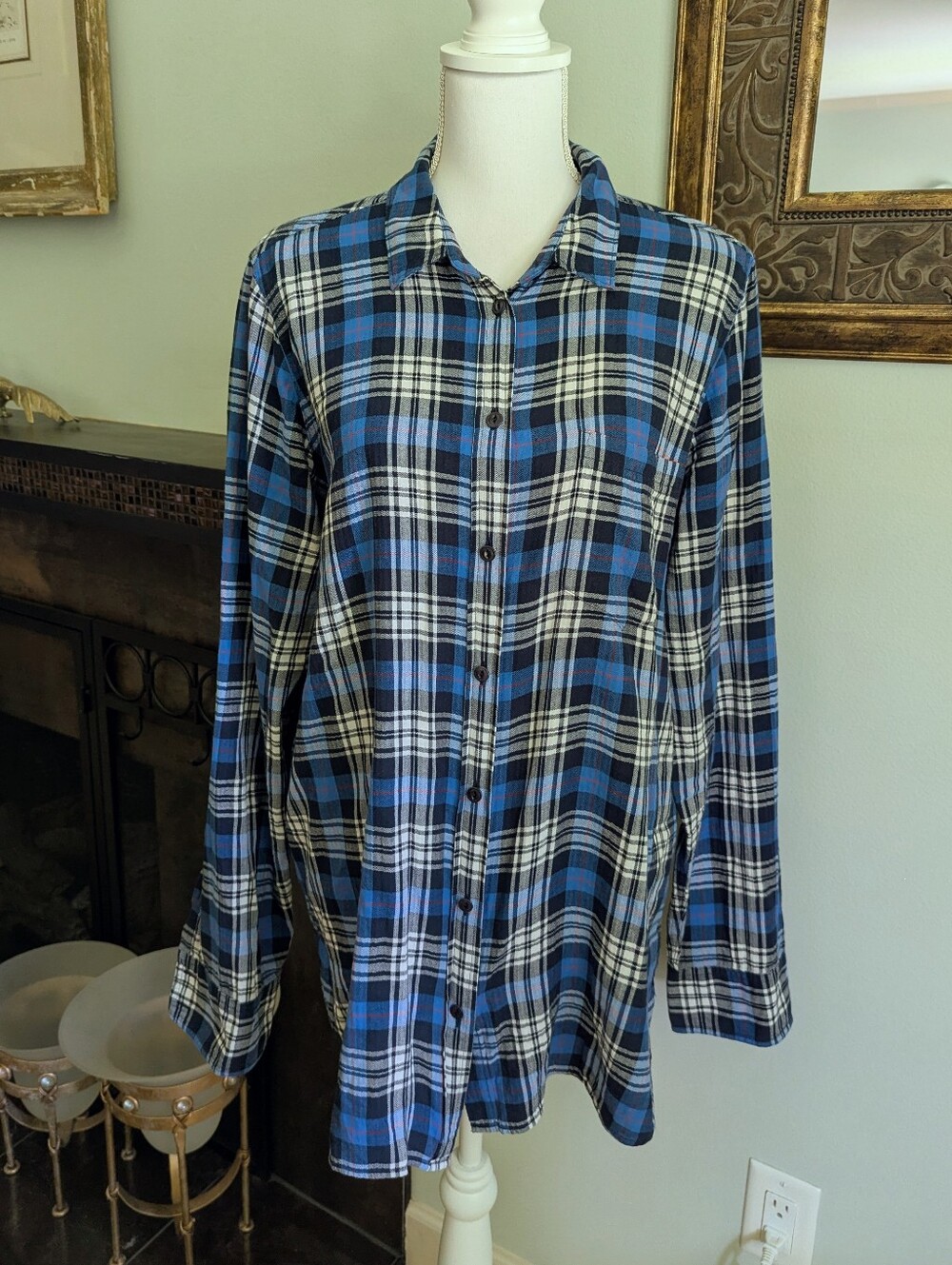 J.Crew Boy Fit Women's 14 Tall Long Sleeve Plaid Button Up Shirt Blue White